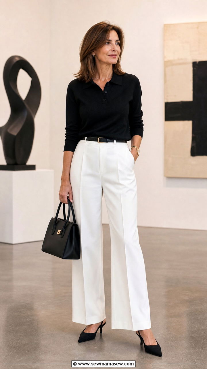 Black Fine Knit Polo With White Wide Leg Trousers - 30 clean girl outfit ideas for women over 40