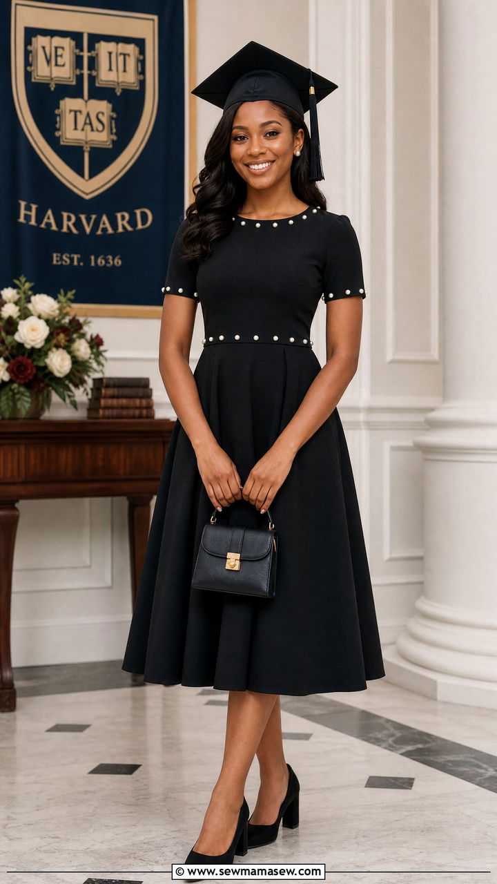 Black Fit And Flare Dress With Pearl Studs Graduation Look - 25 Law school graduation outfits