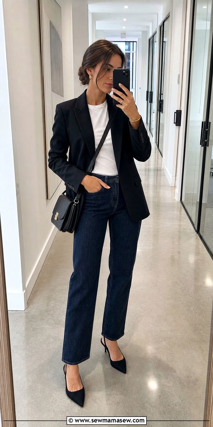 Black Fitted Blazer and Straight Leg Jeans Work Look - 25 Clean girl work outfit ideas