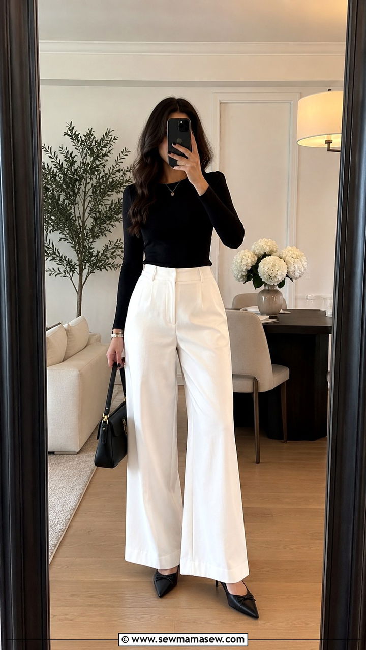 Black Fitted Long Sleeve Top With White Wide Leg Pants And Pointed Flats - 30 modest girls night out outfit ideas