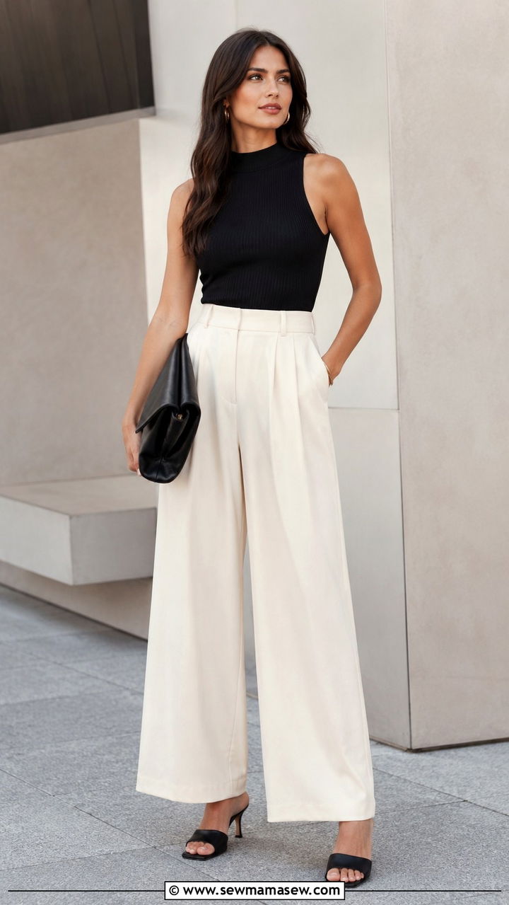 Black Fitted Tank With Cream Wide Leg Pants and Mules - 30 business casual outfits 2026