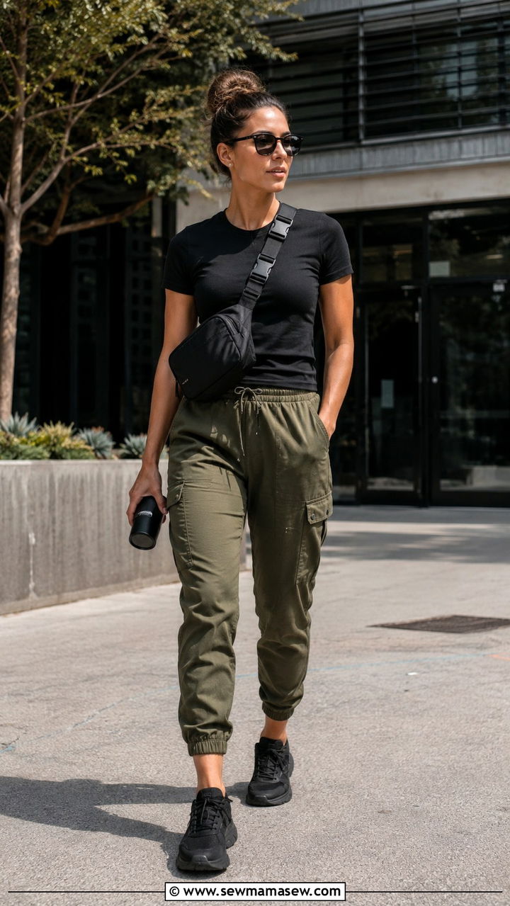 Black Fitted Tee with Cargo Joggers Outfit - 25 Videographer outfit ideas