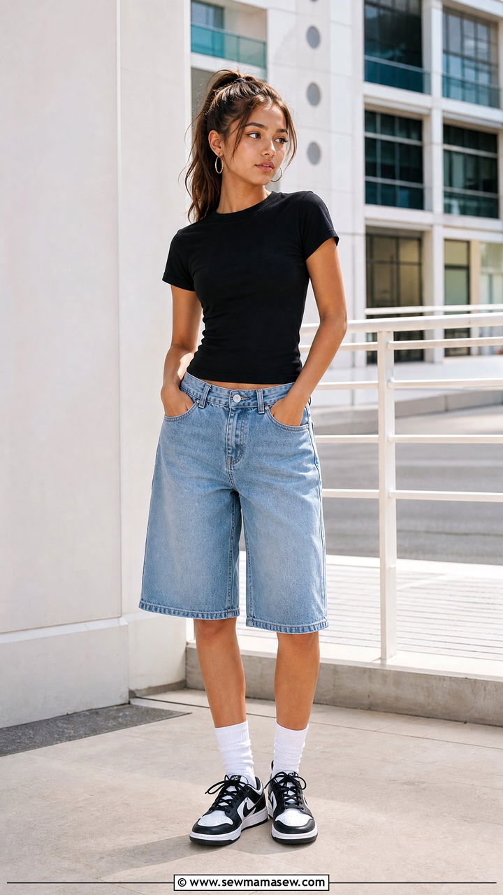 Black Fitted Tee with Longer Denim Shorts - 30 Cute outfits for teen girls