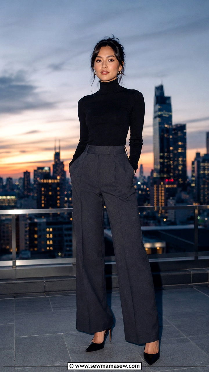 Black Fitted Turtleneck With Charcoal Wide Leg Trousers - 30 Petite aesthetic outfit ideas