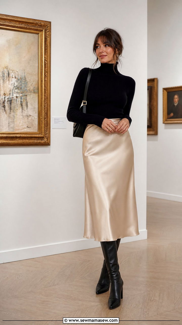 Black Fitted Turtleneck With a Satin Slip Skirt and Knee High Boots - 30 French girl outfits 2026