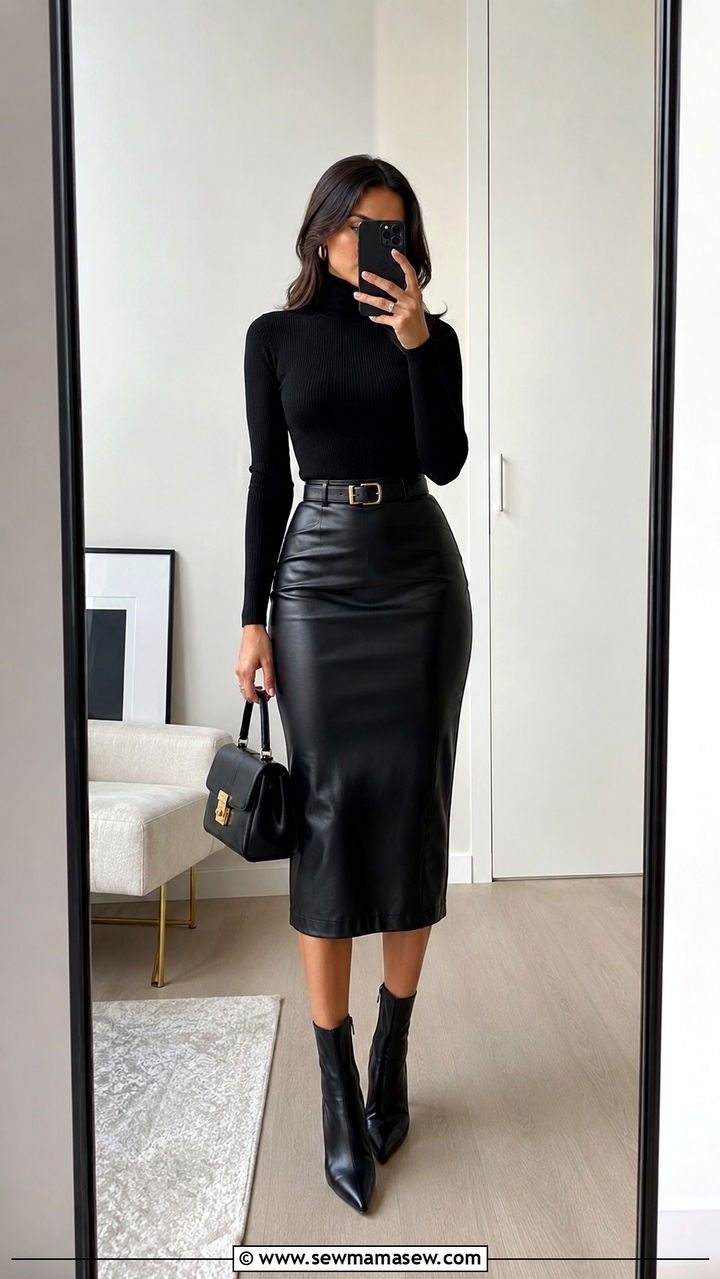 Black Fitted Turtleneck with Black Leather Midi Pencil Skirt - 30 Leather skirt outfit ideas with a sweater