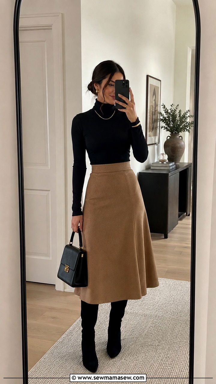 Black Fitted Turtleneck with Camel A Line Midi Skirt for Petites - 30 Old money outfit ideas petite