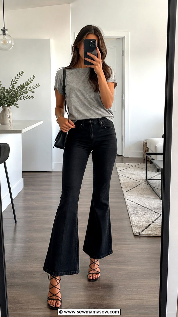 Black Flared Jeans With Lace Up Heels and Off Duty Tee - 25 Black jeans outfit ideas with heels