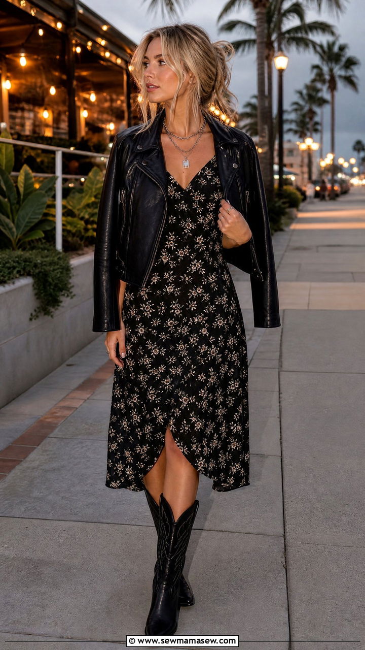 Black Floral Midi Dress with Black Cowboy Boots - 30 coastal cowgirl capsule wardrobe outfits