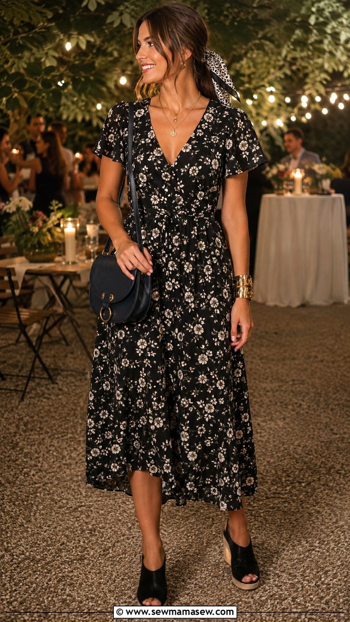Black Floral Midi Dress with Gold Jewelry and Bandana Hair Tie - 20 Western outfit ideas with paisley bandana