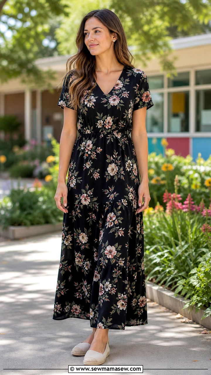 Black Floral Print Maxi Dress - 40 teacher outfits ideas