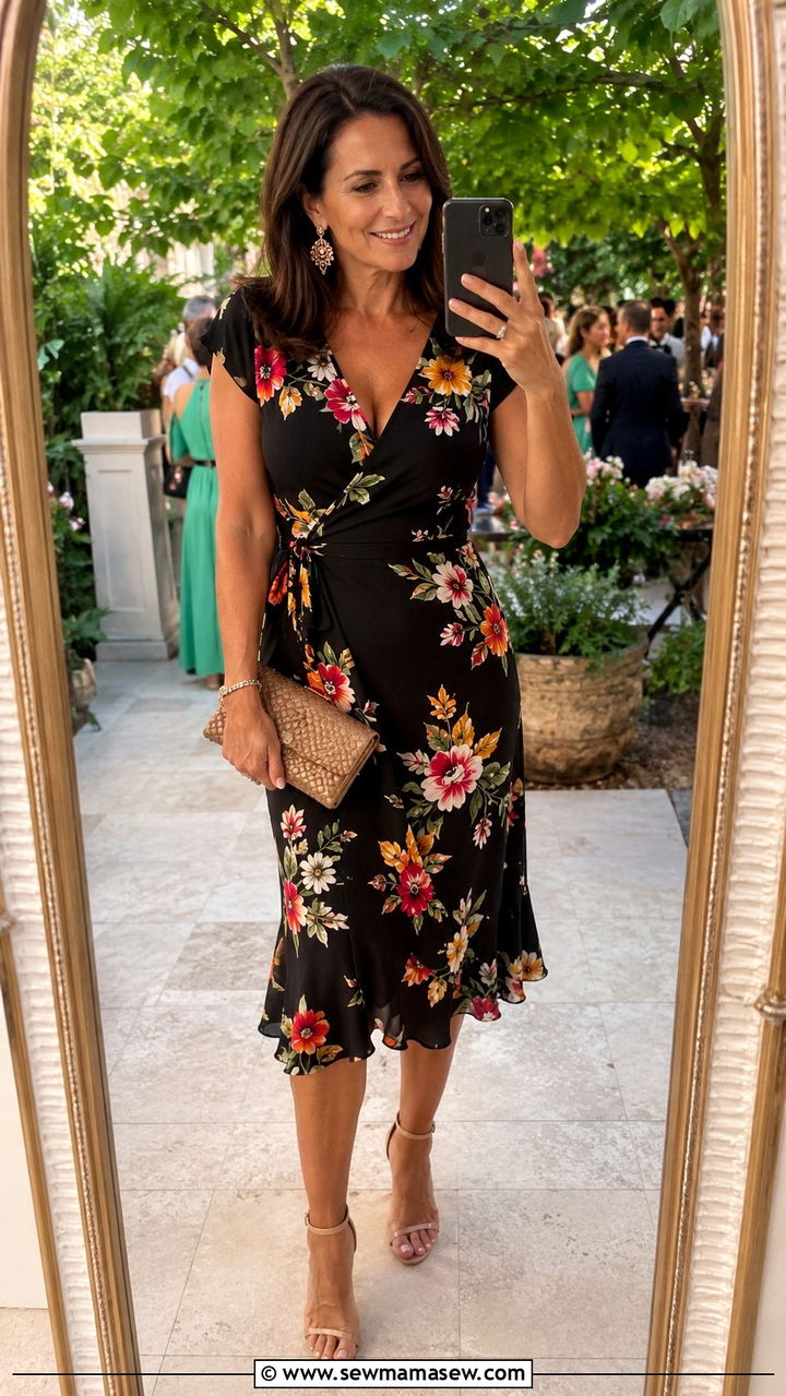 Black Floral Wrap Dress With Nude Heels - 30 spring wedding guest outfits for women over 40