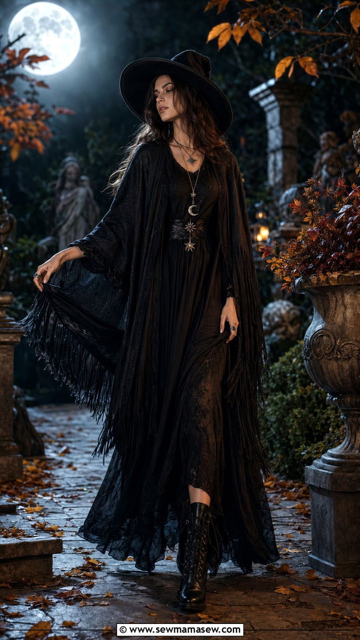 Black Flowing Maxi Dress With Fringed Cape And Silver Jewelry - 35 aesthetic outfits for women