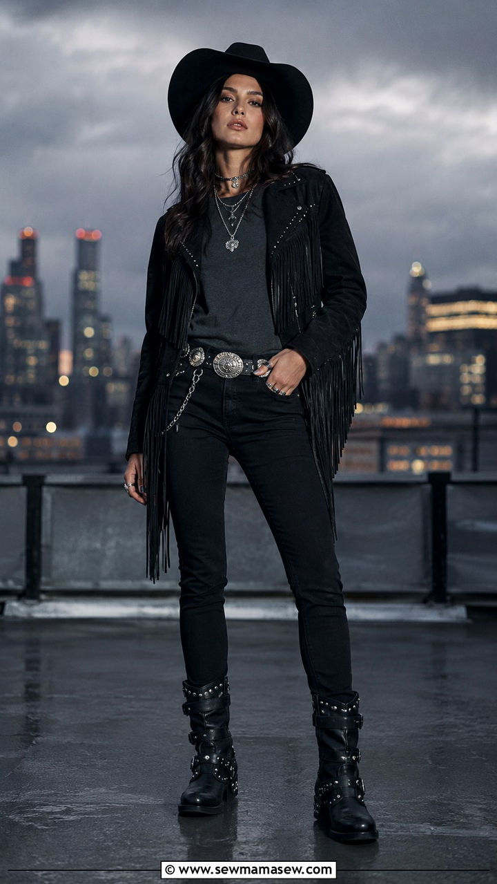 Black Fringe Jacket and Western Goth Boots - 20 Cowgirl outfit ideas 2026