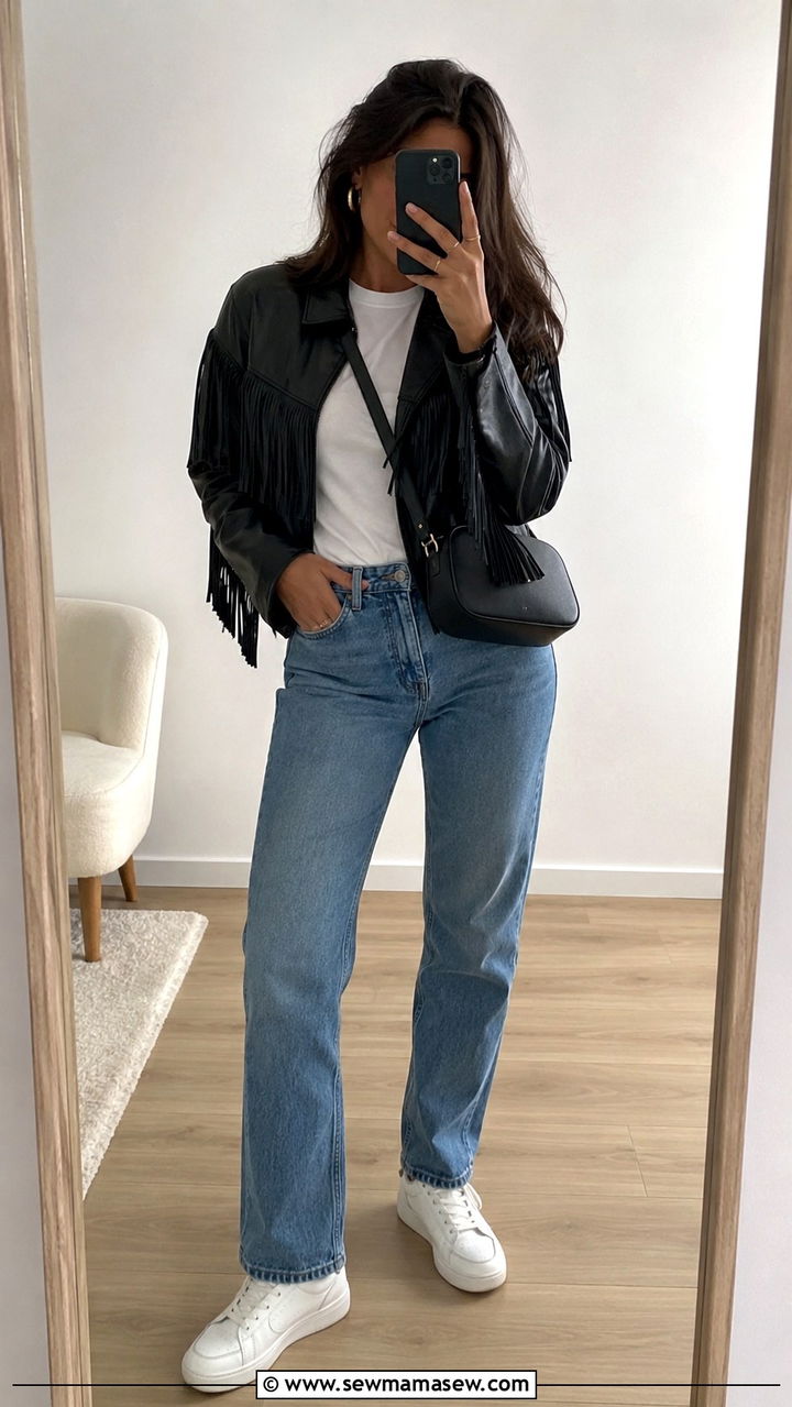 Black Fringe Leather Jacket with White Tee and Blue Jeans - 20 Western outfit ideas with fringe leather jacket