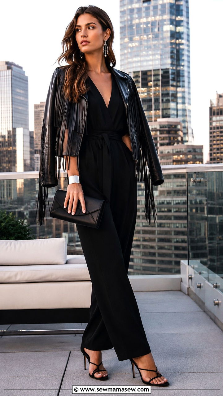 Black Fringe Leather Jacket with a Sleek Jumpsuit - 20 Western outfit ideas with fringe leather jacket