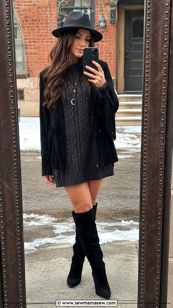 Black Fringe Suede Jacket With Sweater Dress And Knee High Boots - 25 Boho outfit ideas with fringe jacket