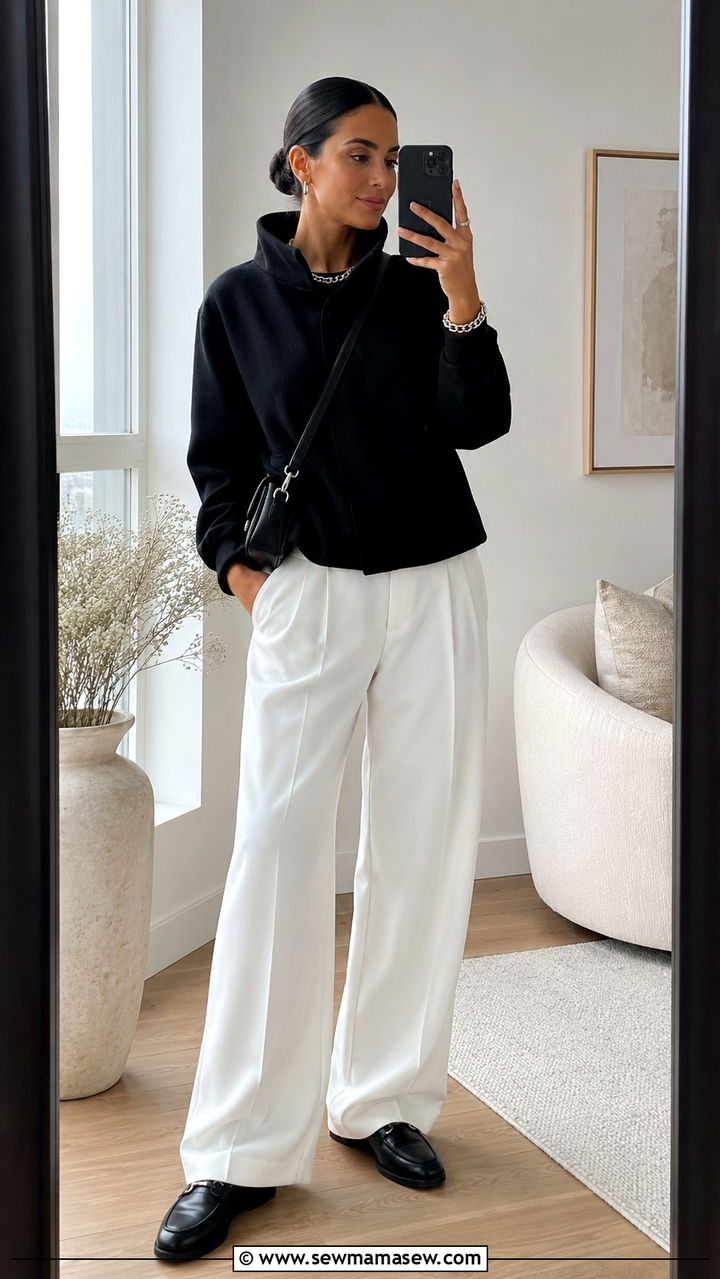 Black Funnel Neck Jacket With White Trousers And Loafers Outfit - 30 casual glamoratti outfits