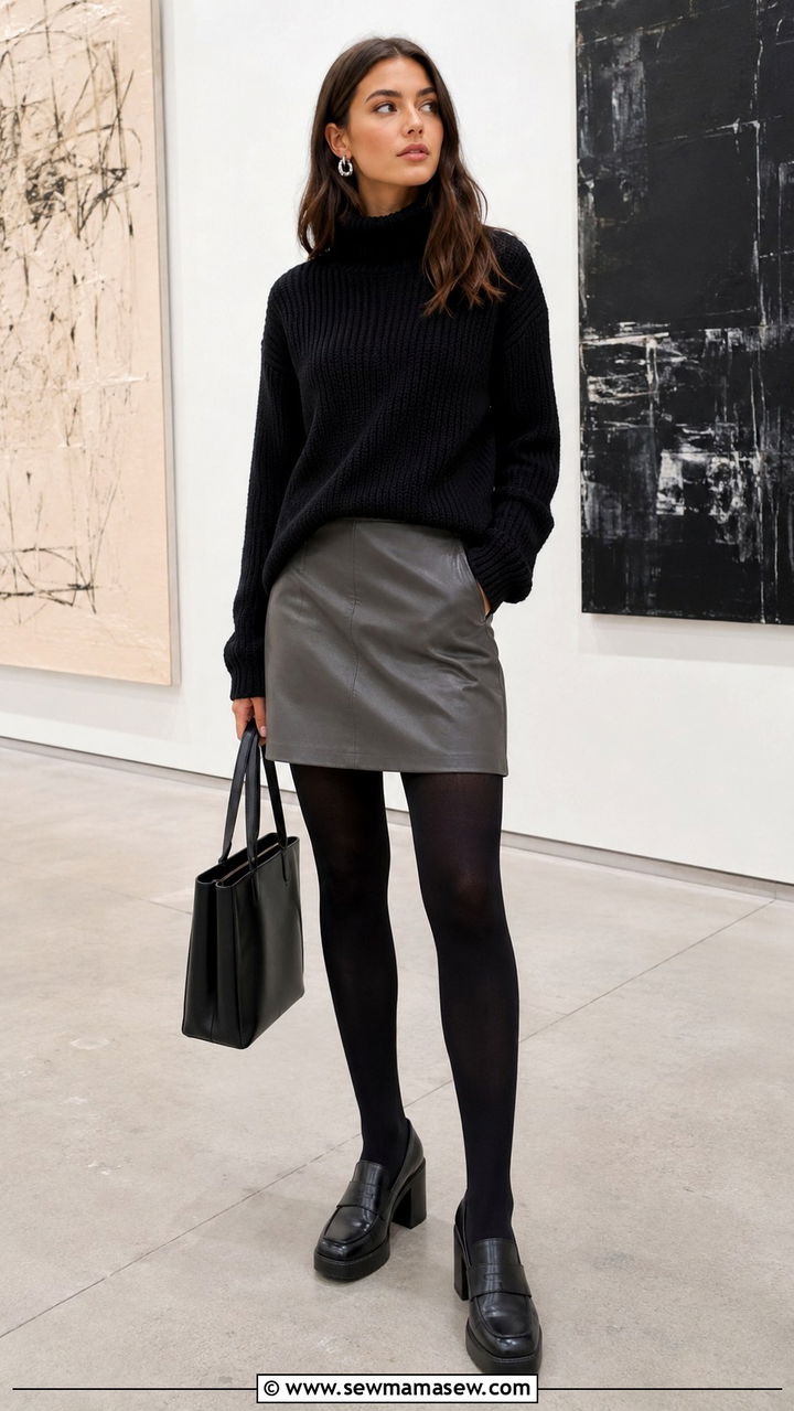 Black Funnel Neck Sweater with Grey Leather A Line Skirt - 30 Leather skirt outfit ideas with a sweater