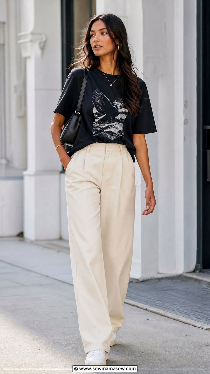 Black Graphic Tee With Cream Wide Leg Pants - 30 Cream and black outfit ideas