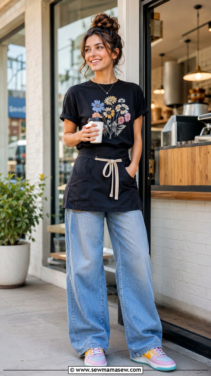 Black Graphic Tee with Baggy Jeans and Colorful Sneakers - 30 Spring outfit ideas for barista