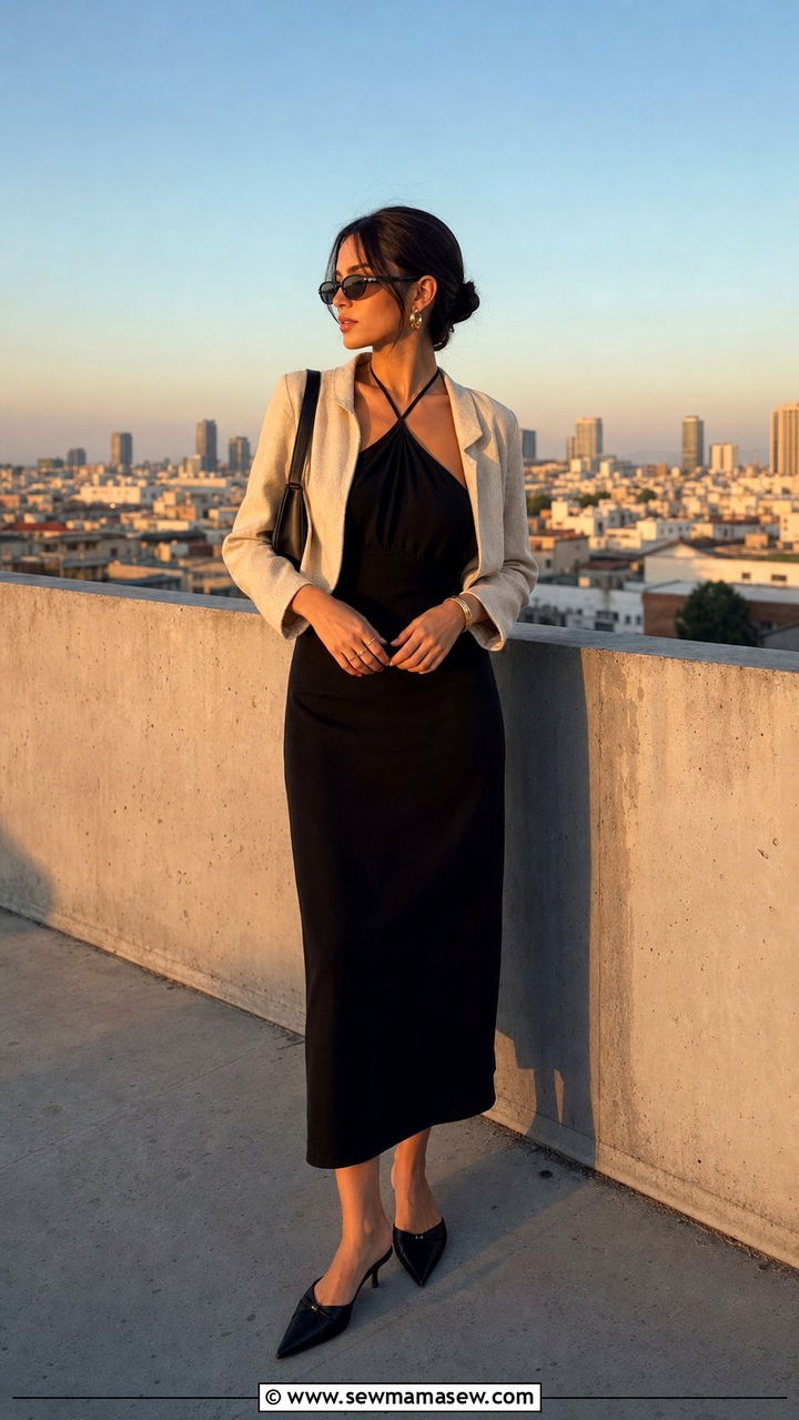 Black Halter Dress With Cropped Jacket and Mules - 25 spring little black dress outfit ideas