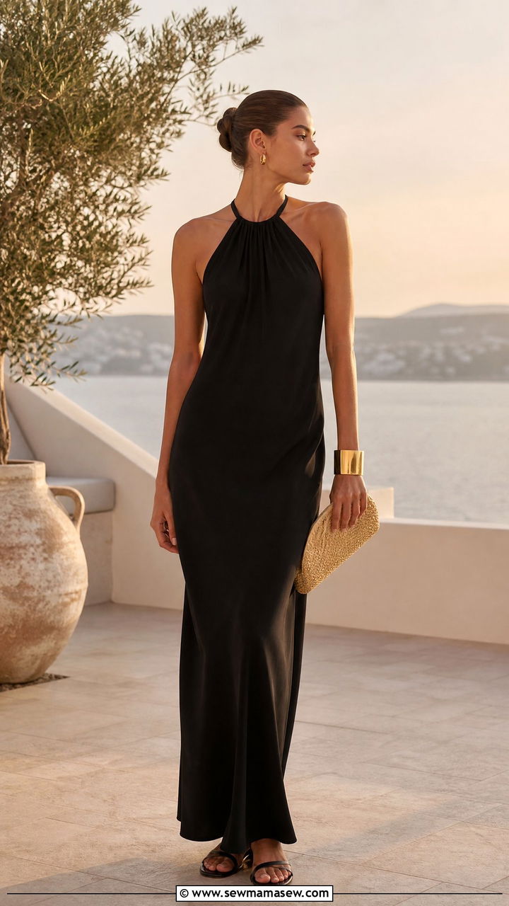 Black Halter Maxi Dress And Flat Leather Sandals - 30 summer quiet luxury outfit ideas