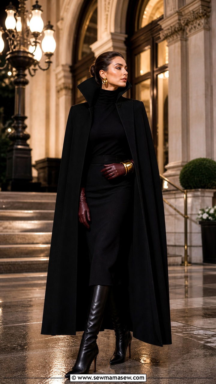 Black High Collar Cape With Leather Gloves And Knee High Boots - 40 glamoratti outfits ideas