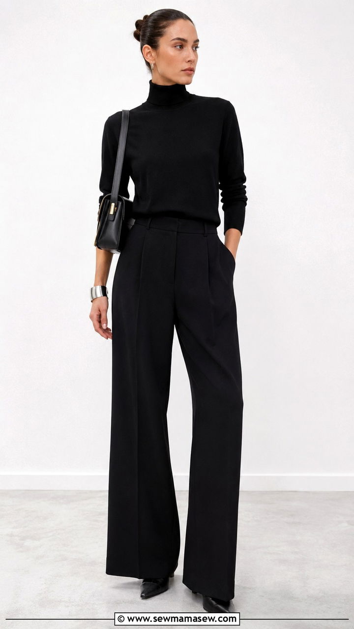 Black High Neck Sweater With Wide Leg Trousers - 30 Scandi minimalist outfit ideas