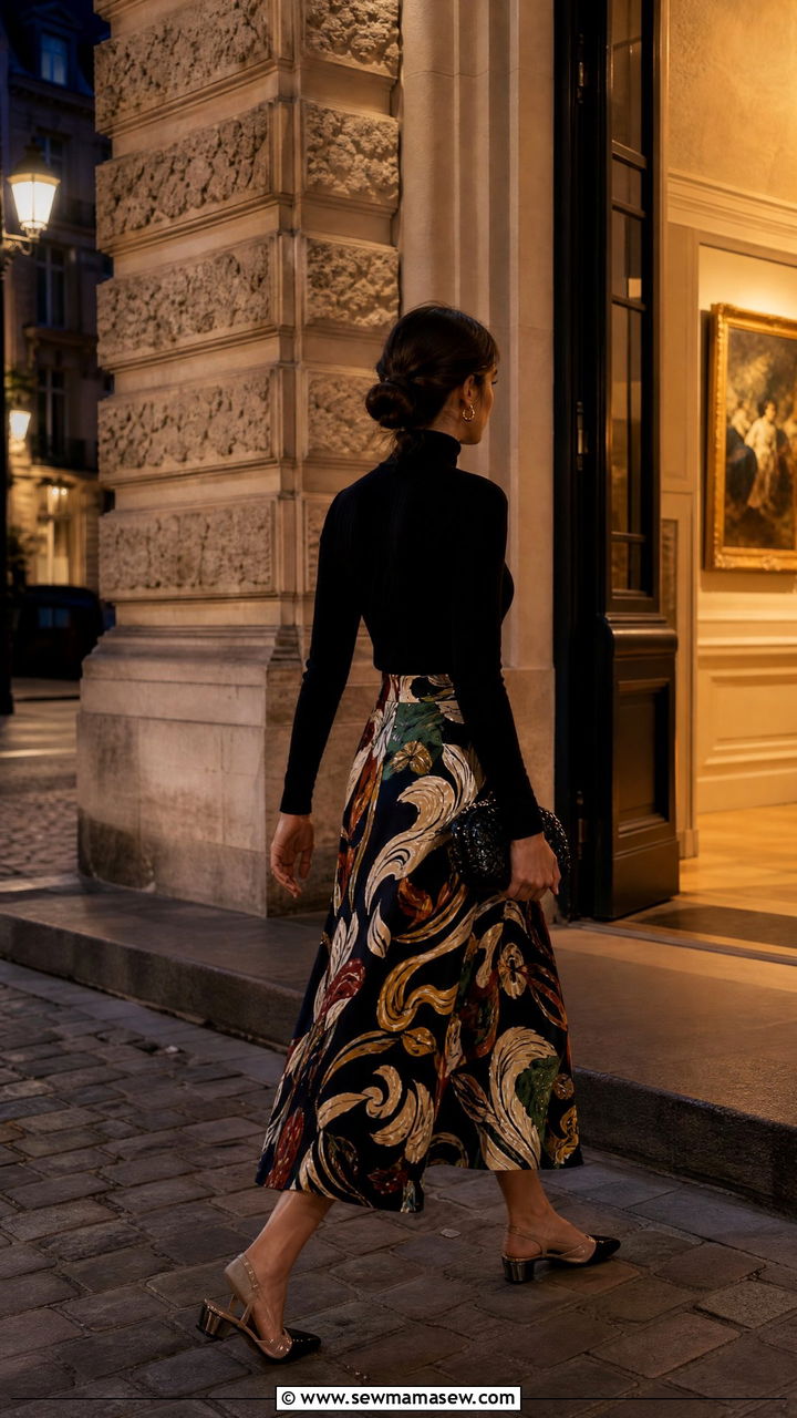Black High Neck Top with Printed Midi Skirt and Slingback Heels - 25 Brussels outfit ideas