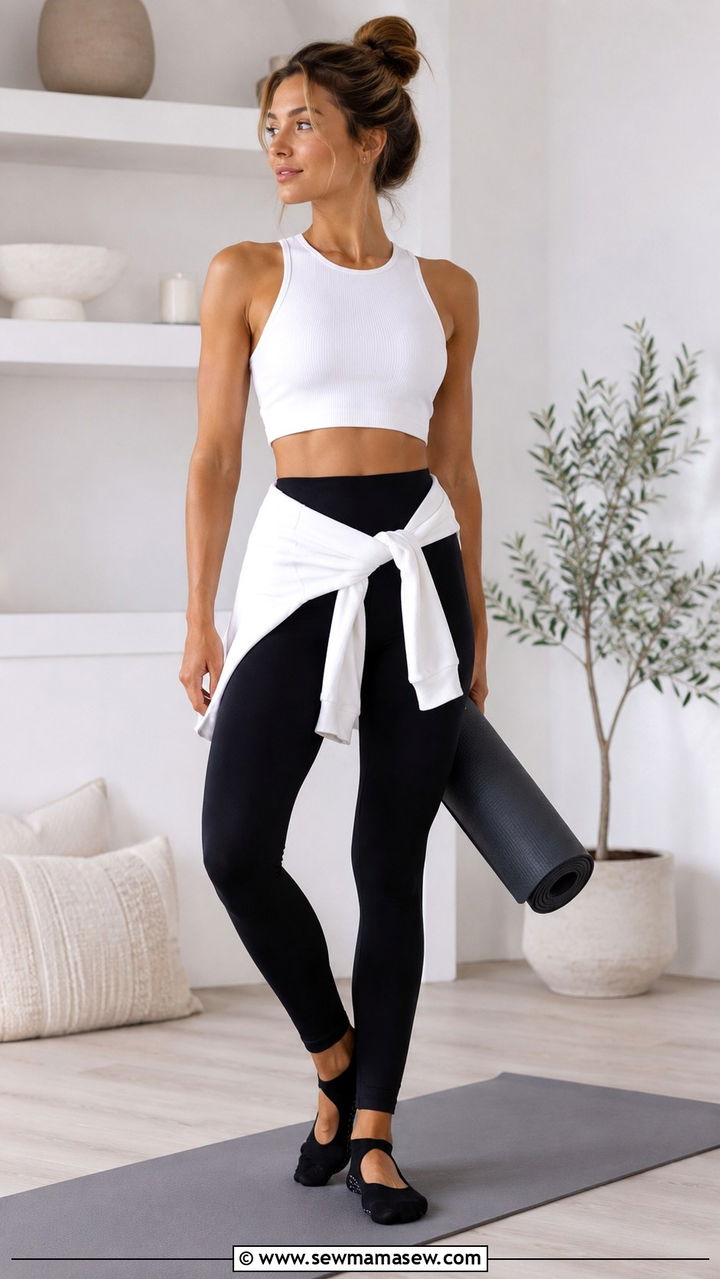 Black High Waisted Leggings and White Crop Top Yoga Outfit - 25 Yoga outfit ideas with high waisted leggings