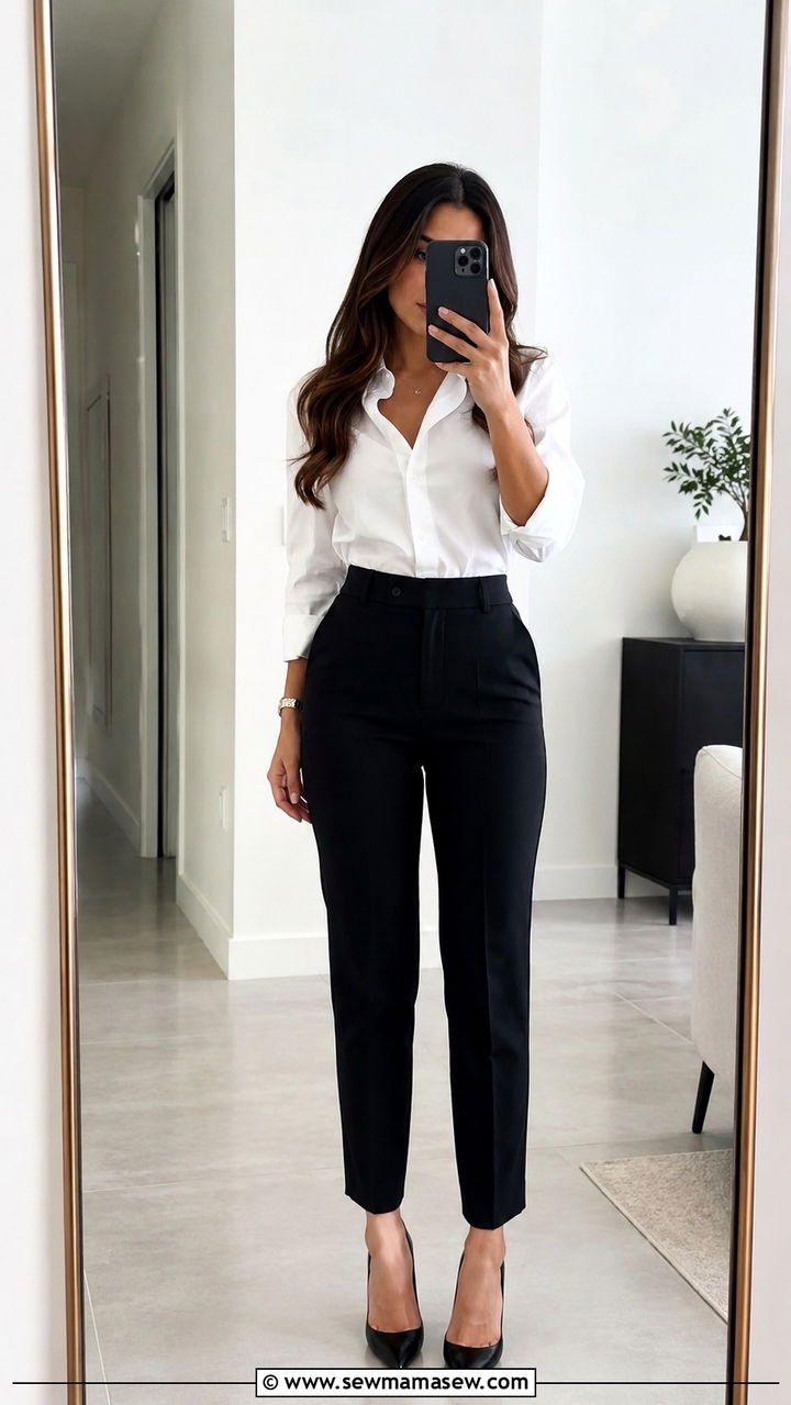 Black High Waisted Trousers With a White Button Down - 25 Petite work outfit ideas with pants