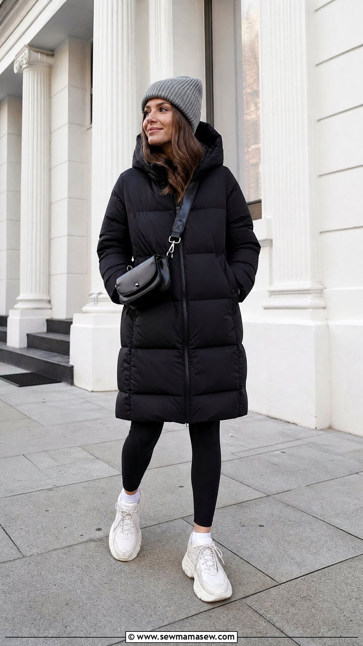 Black Hooded Puffer Coat With Leggings And Sneakers - 35 Hooded coat outfit ideas