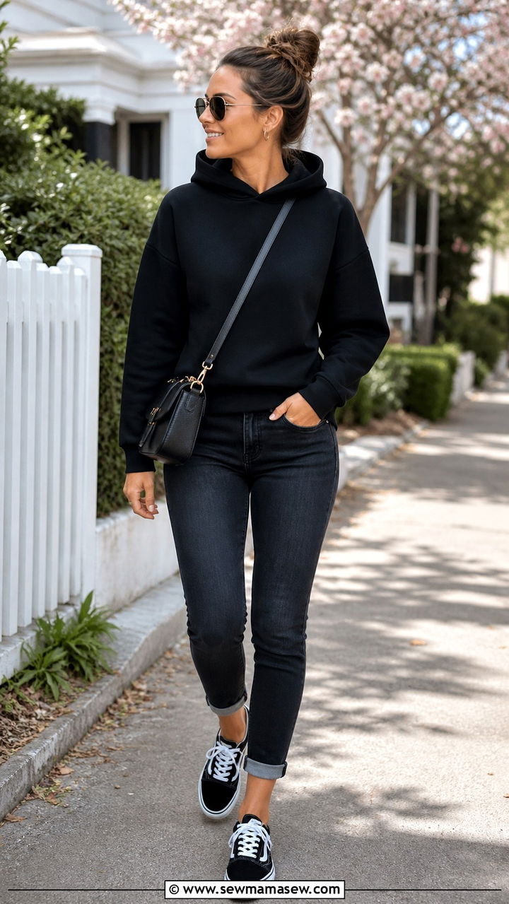 Black Hoodie And Dark Denim With Crossbody Bag - 40 spring outfits for moms