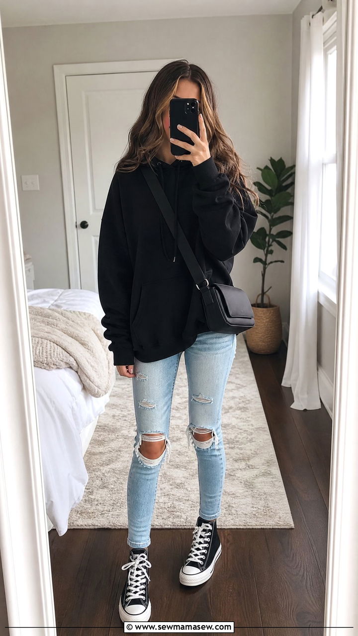 Black Hoodie Ripped Jeans and Converse Outfit - 25 First day of high school outfit ideas