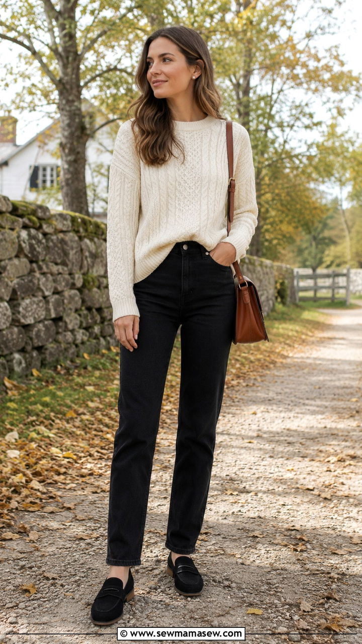 Black Jeans And Cable Knit Sweater With Loafers - 25 Black jeans outfit ideas with loafers