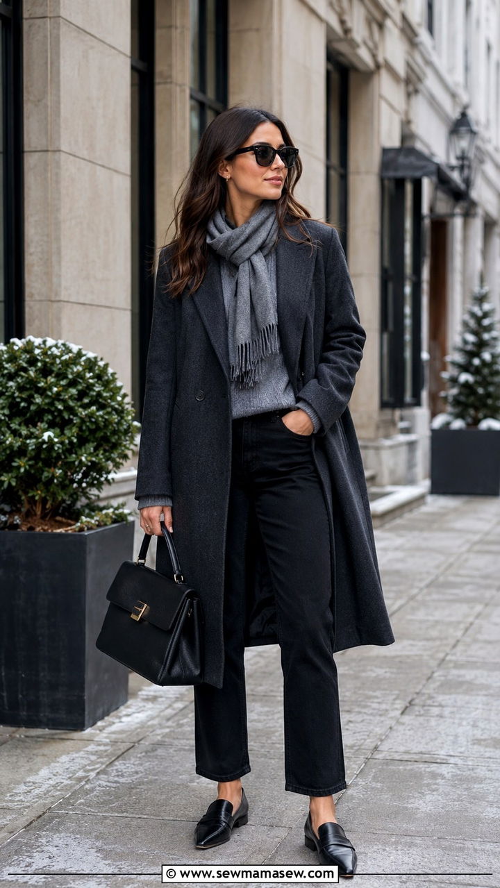 Black Jeans And Long Wool Coat With Loafers - 25 Black jeans outfit ideas with loafers
