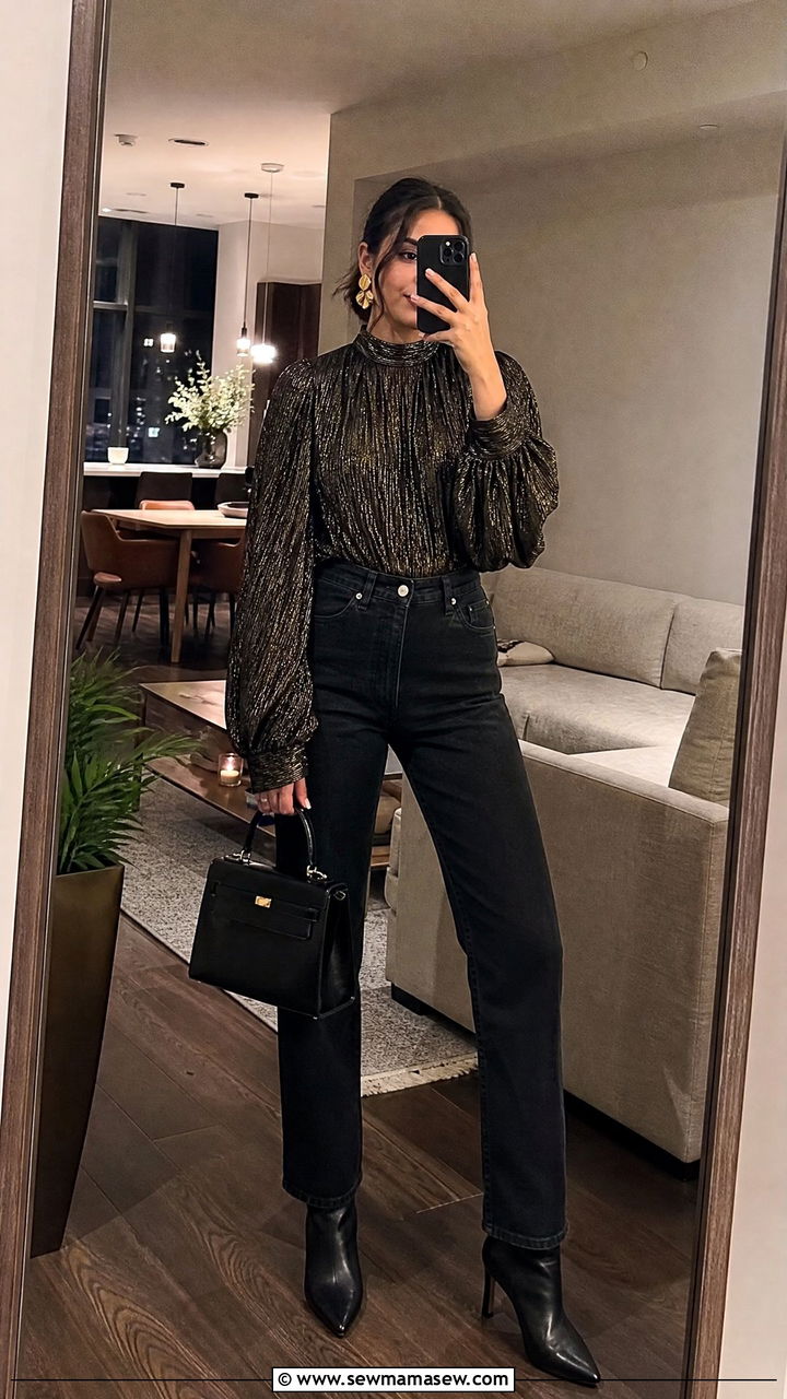 Black Jeans And Statement Top Outfit For Housewarming Party - 35 Housewarming party outfit ideas