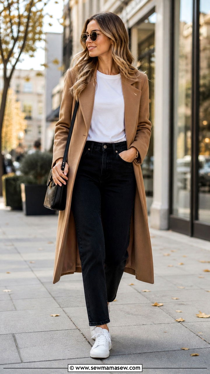 Black Jeans Camel Coat White Sneakers Outfit - 40 black jeans outfit ideas