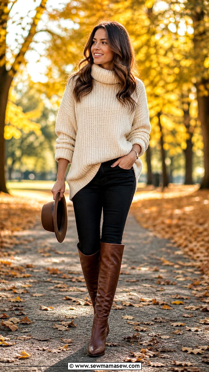 Black Jeans Chunky Sweater Knee High Boots - 40 black jeans outfit ideas