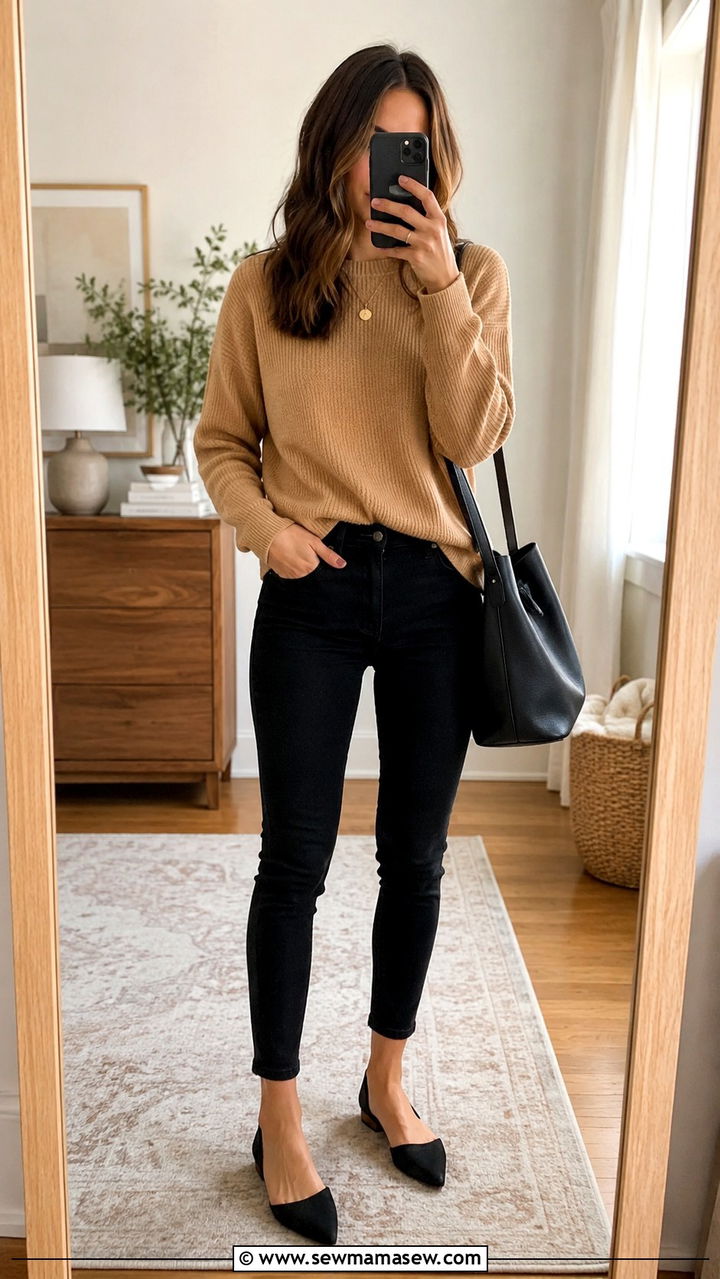 Black Jeans Outfit With DOrsay Flats And Knit Sweater - 25 Black jeans outfit ideas with flats