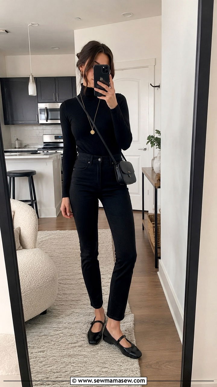 Black Jeans Outfit With Mary Jane Flats And Turtleneck - 25 Black jeans outfit ideas with flats