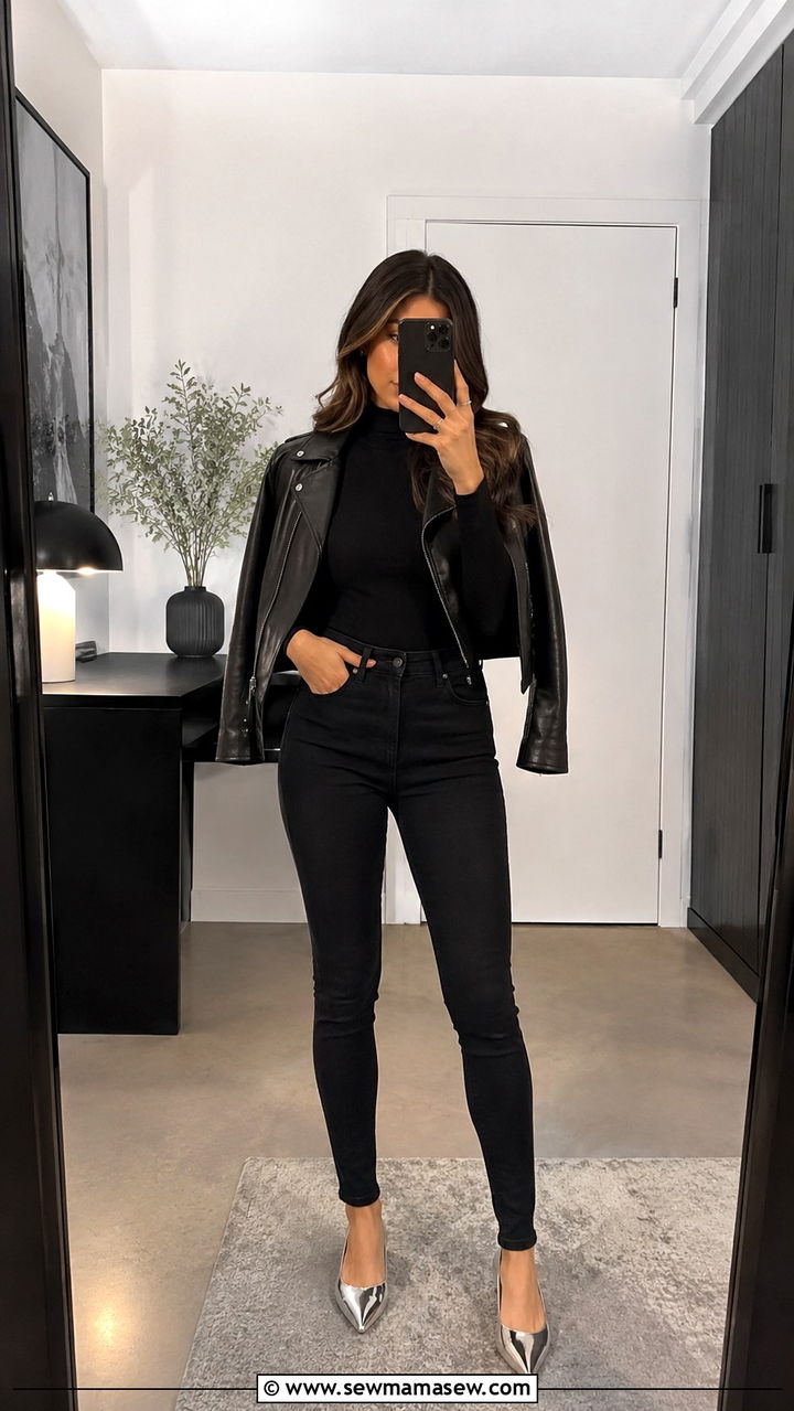 Black Jeans Outfit With Metallic Flats And Turtleneck - 25 Black jeans outfit ideas with flats