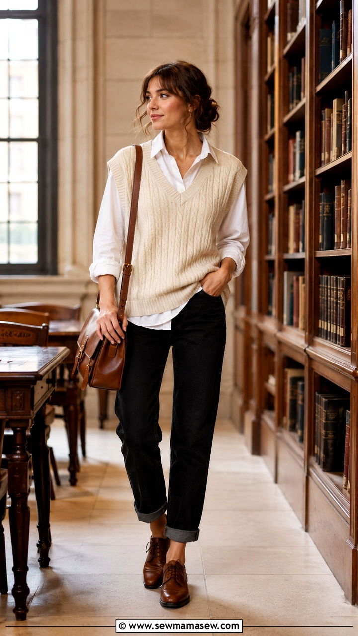 Black Jeans Outfit With Oxfords And Sweater Vest - 25 Black jeans outfit ideas with flats