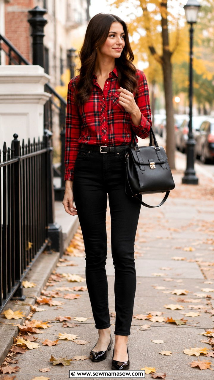 Black Jeans Outfit With Patent Flats And Plaid Shirt - 25 Black jeans outfit ideas with flats