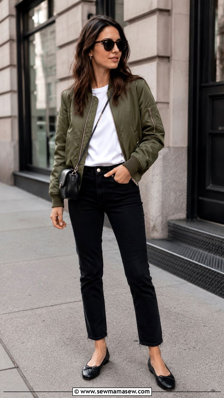 Black Jeans Outfit With Quilted Flats And Bomber Jacket - 25 Black jeans outfit ideas with flats