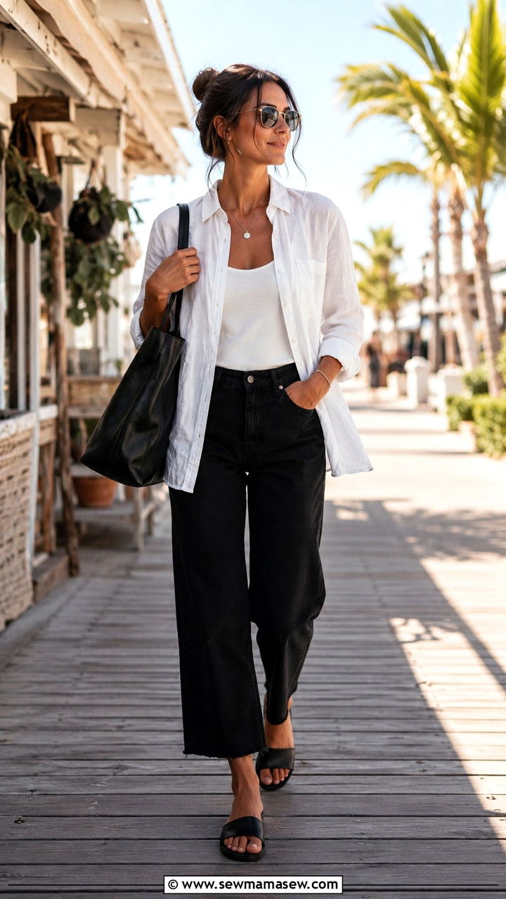 Black Jeans Outfit With Slide Sandals And Linen Shirt - 25 Black jeans outfit ideas with flats