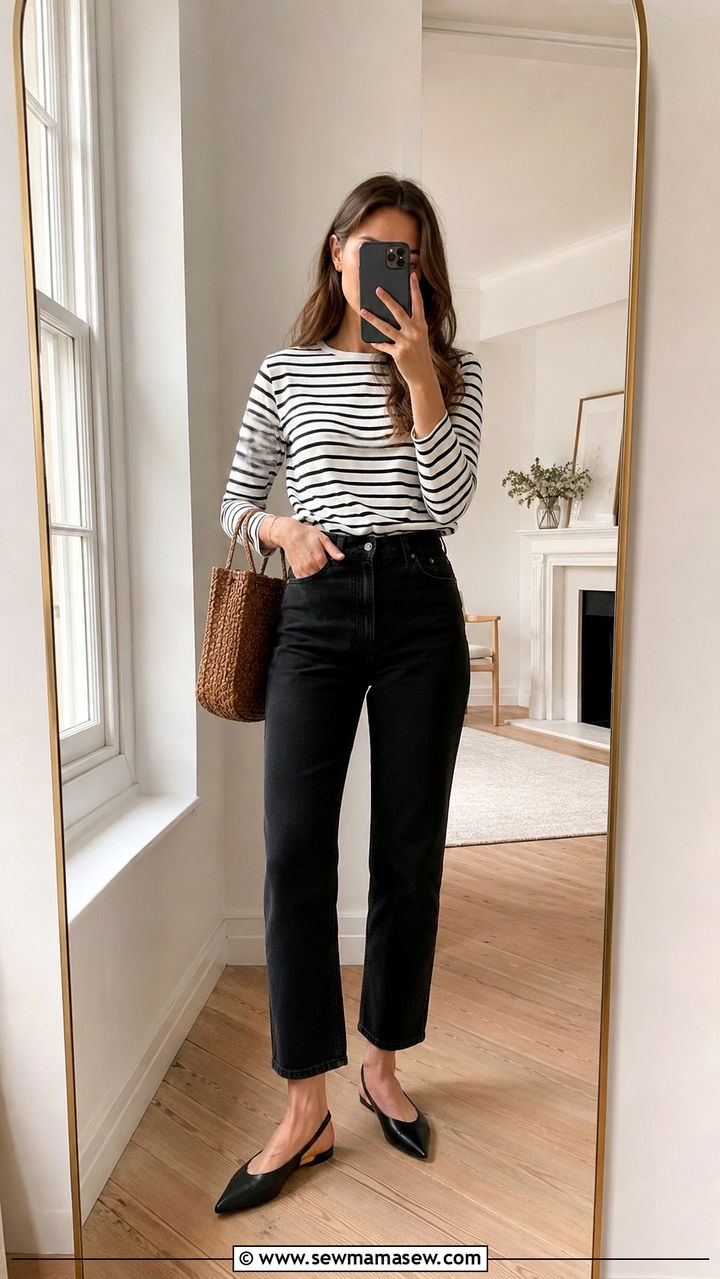 Black Jeans Outfit With Slingback Flats And Striped Top - 25 Black jeans outfit ideas with flats