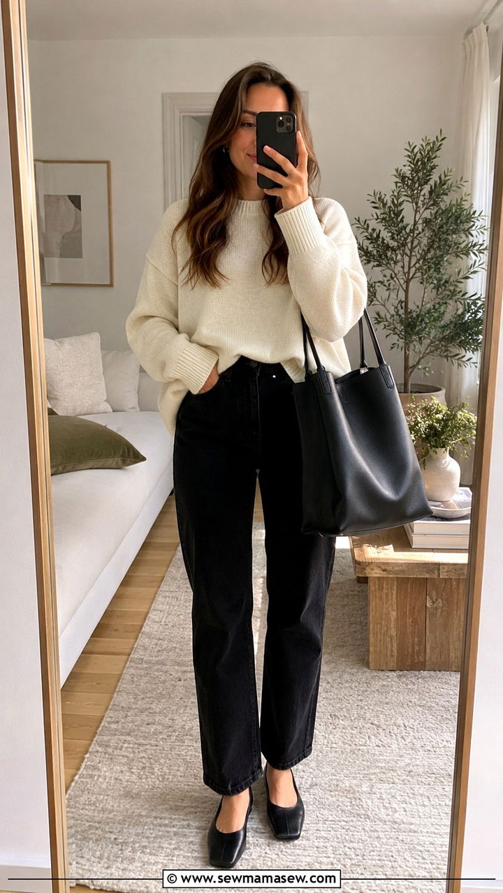 Black Jeans Outfit With Square Toe Flats And Sweater - 25 Black jeans outfit ideas with flats