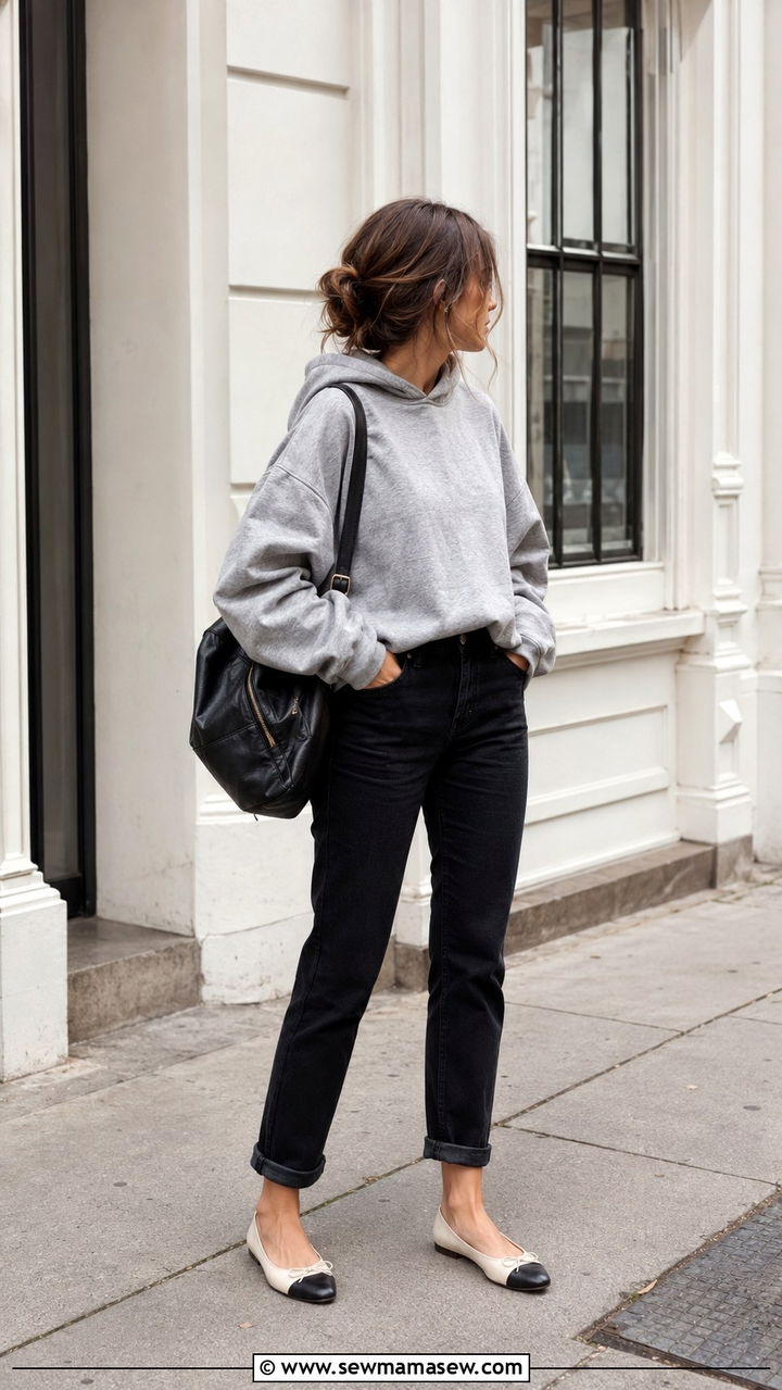Black Jeans Outfit With Two Tone Flats And Hoodie - 25 Black jeans outfit ideas with flats